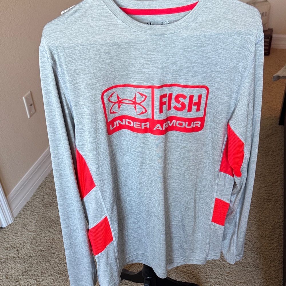 Under Armour Heather Gray and Bright Red/Orange Heat Gear Long Sleeve Tee